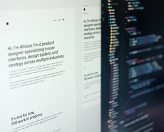 A computer screen displaying web design content and code side by side. The left side features text describing a product designer's work and experience, while the right side shows colorful, highlighted code lines on a dark background.