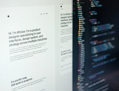 A computer screen displaying web design content and code side by side. The left side features text describing a product designer's work and experience, while the right side shows colorful, highlighted code lines on a dark background.