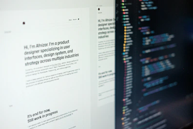 A computer screen displaying web design content and code side by side. The left side features text describing a product designer's work and experience, while the right side shows colorful, highlighted code lines on a dark background.