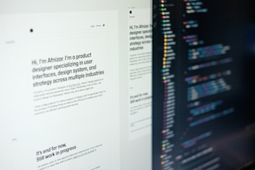 A computer screen displaying web design content and code side by side. The left side features text describing a product designer's work and experience, while the right side shows colorful, highlighted code lines on a dark background.