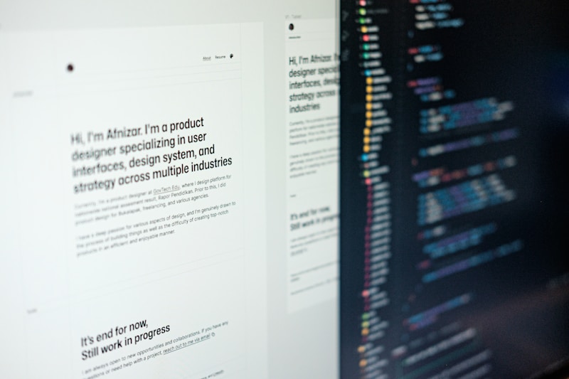 A computer screen displaying web design content and code side by side. The left side features text describing a product designer's work and experience, while the right side shows colorful, highlighted code lines on a dark background.