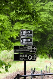 A set of black and white direction signs with text in multiple languages, including English and Japanese, indicates the way to Shiraito no Taki Waterfalls, Otodome no Taki Waterfalls, toilets, an information center, and parking areas. Green foliage surrounds the signs, suggesting a lush, natural environment.