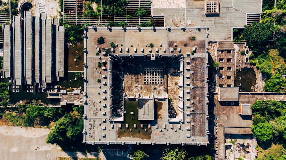 an aerial view of a building with a lot of windows