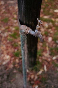 an old rusty pipe sticking out of the side of a wooden pole