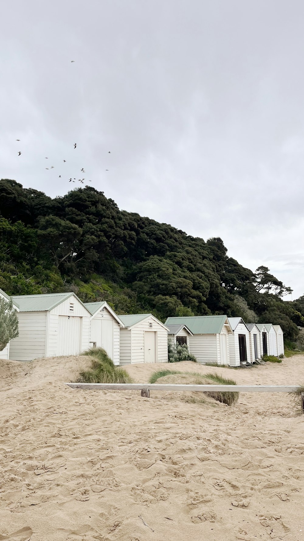 uma fileira de cabanas de praia sentados em cima de uma praia de areia