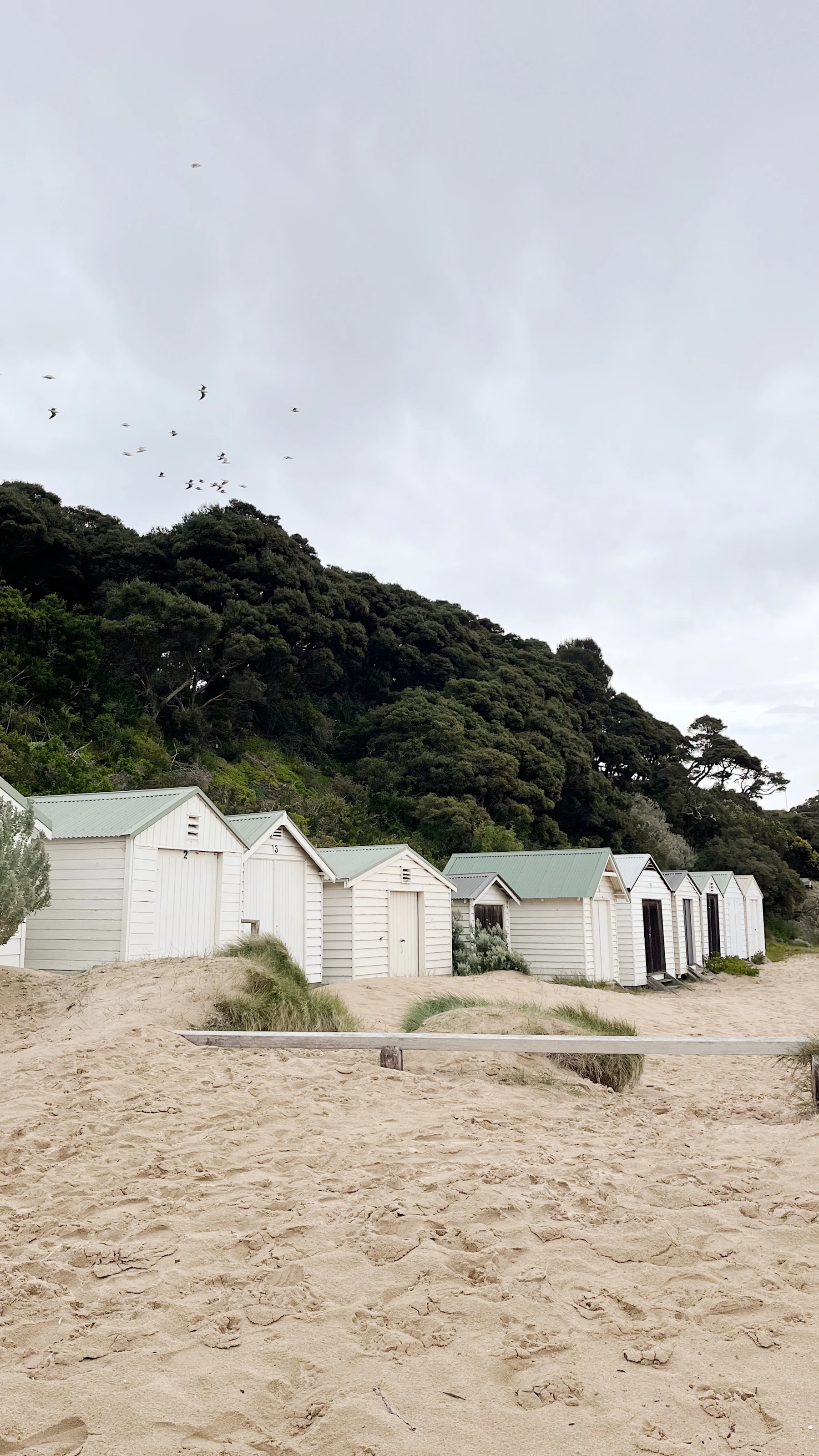Peninsula beach huts at sunset