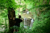 Close-up of a traveler capturing a photo of a breathtaking waterfall surrounded by lush greenery.