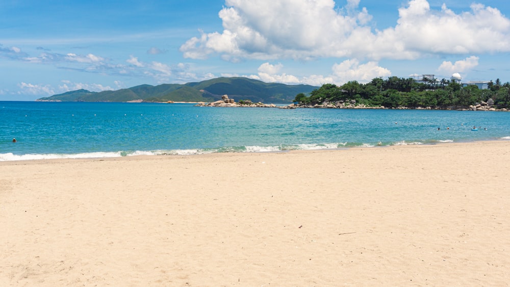 Una playa de arena con un cuerpo de agua en el fondo