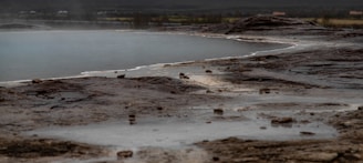 A geothermal hot spring with steaming water surrounded by rocky terrain. The ground appears wet, with a subtle mist rising above the water. In the background, there is a dark, overcast sky, and a hint of distant vegetation.