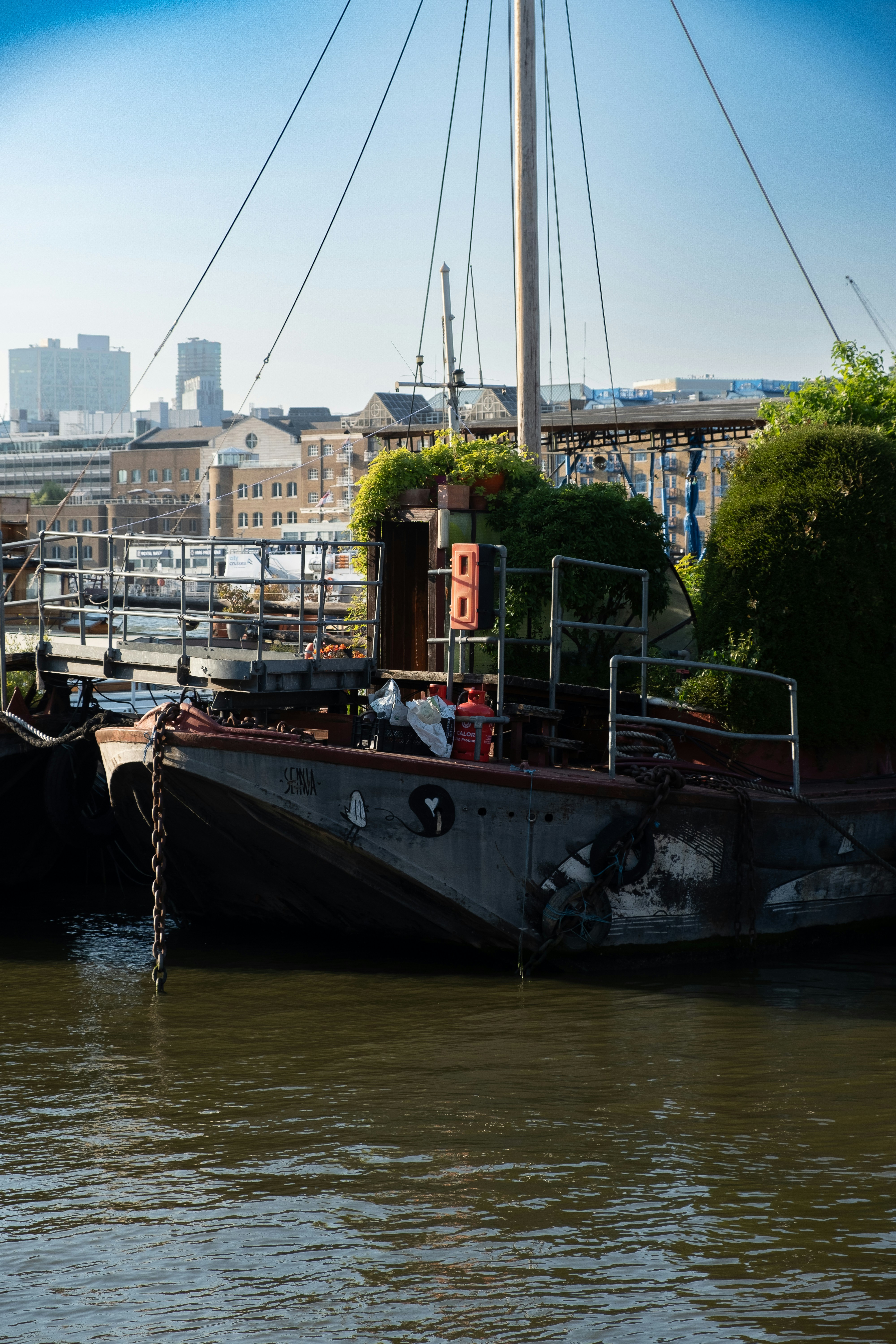 Boats (barges) with a garden moored on the pier of the River Thames one summer golden hour. Taken near the Tower Bridge, in London. In the background buildings of the Wapping neighbourhood.