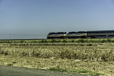 A train travels through a rural area with two locomotives pulling several passenger cars. The landscape features dry grass fields and sparse greenery under a clear blue sky.