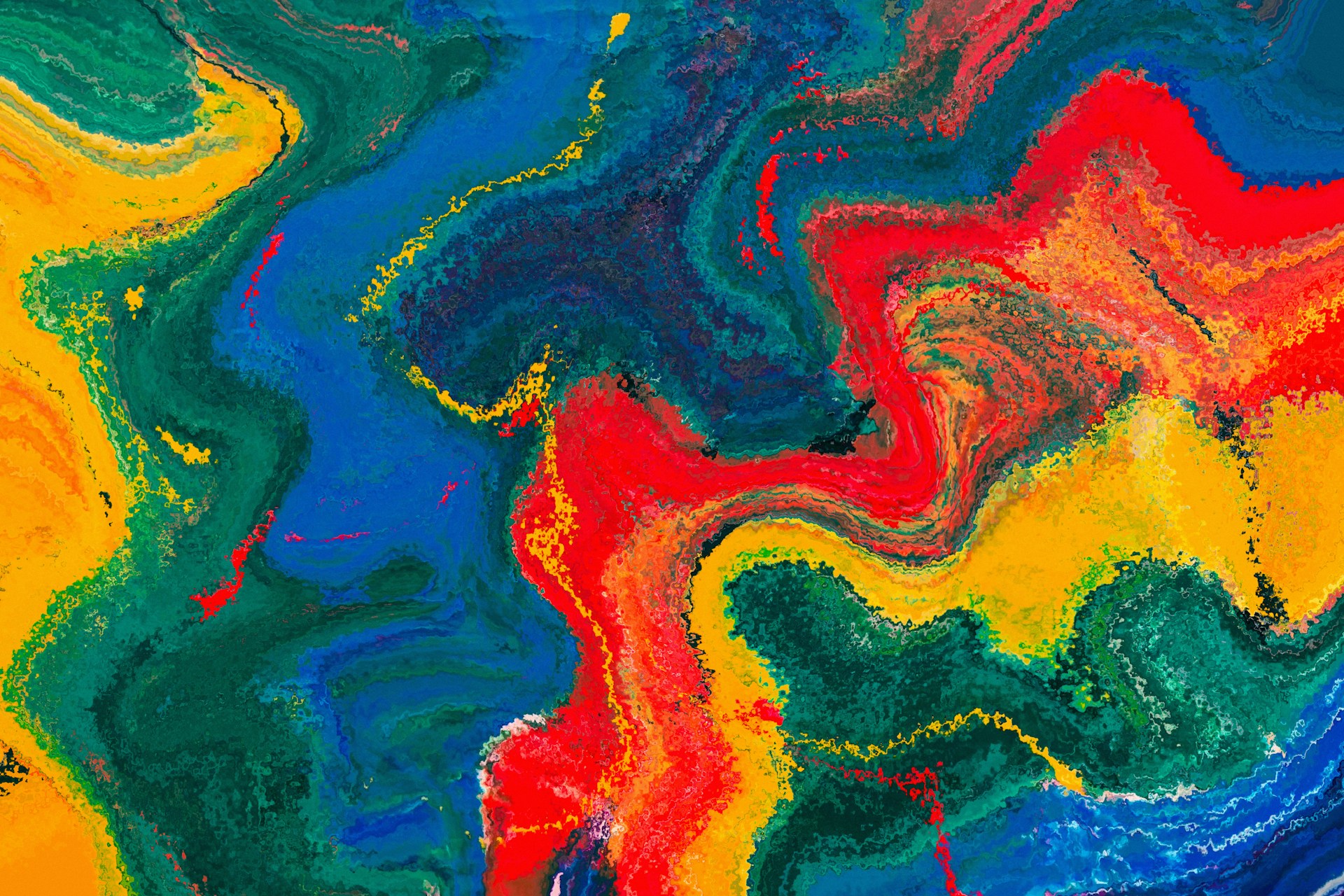 Abstract art featuring swirling patterns with bold and vibrant colors. The image is a mix of red, yellow, blue, and green, creating dynamic curves and waves.