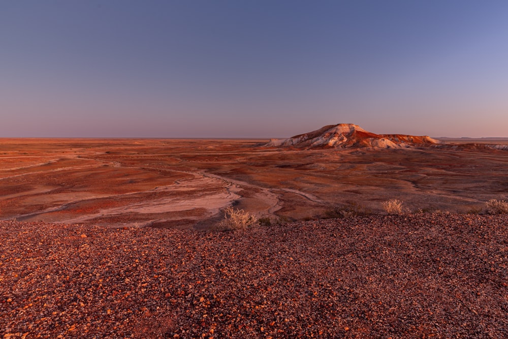 a barren landscape with a mountain in the distance