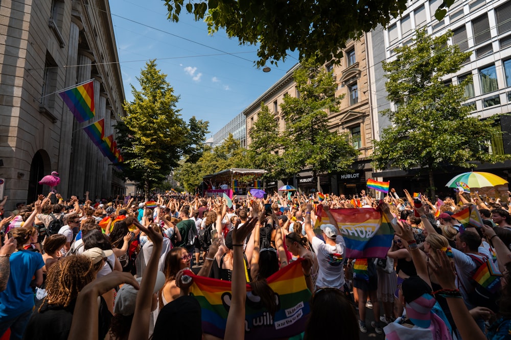 a large group of people holding rainbow flags