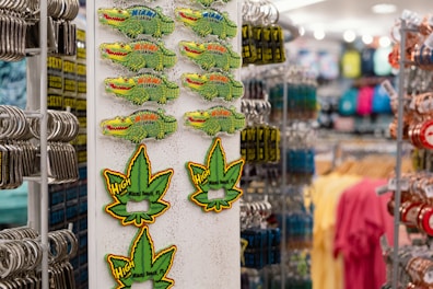 a display of marijuana stickers in a store