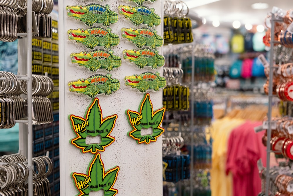 a display of marijuana stickers in a store