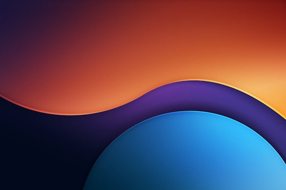 A modern, abstract composition featuring smooth, flowing curves with gradient shades. The top portion is dominated by warm orange hues, transitioning into a central section of deep purple and culminating in a cool blue shade at the bottom. The design is sleek and minimalist with a harmonious blend of colors.