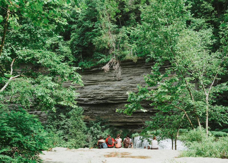 Group at a waterfall on retreat