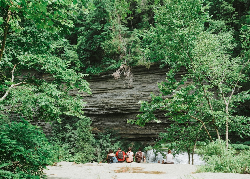 a group of people standing in front of a waterfall