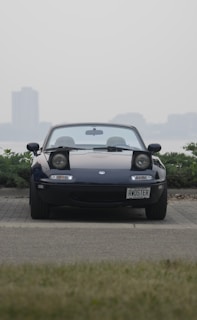 A black convertible sports car with the headlights popped up is parked facing the camera. It has a license plate that reads 'RWDSTER'. The background consists of a hazy skyline with a couple of tall buildings visible in the distance and some greenery by the road.