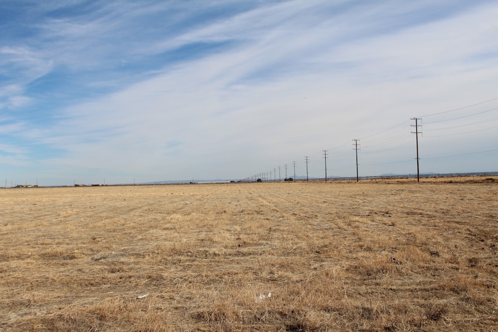 a large open field with power lines in the distance