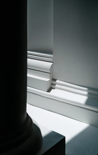 Black and white artistic close-up of a luxury architectural detail with soft shadows.