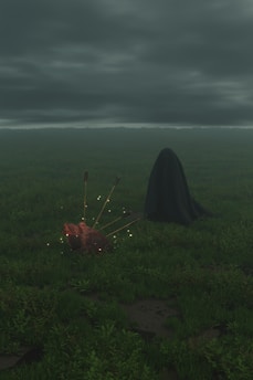 A dark, moody landscape features a patch of green grass under a cloudy, overcast sky. In the foreground, there is a cloaked figure shrouded in darkness beside a large, realistic heart on the ground. The heart is pierced with several arrows, giving off a slight glow.