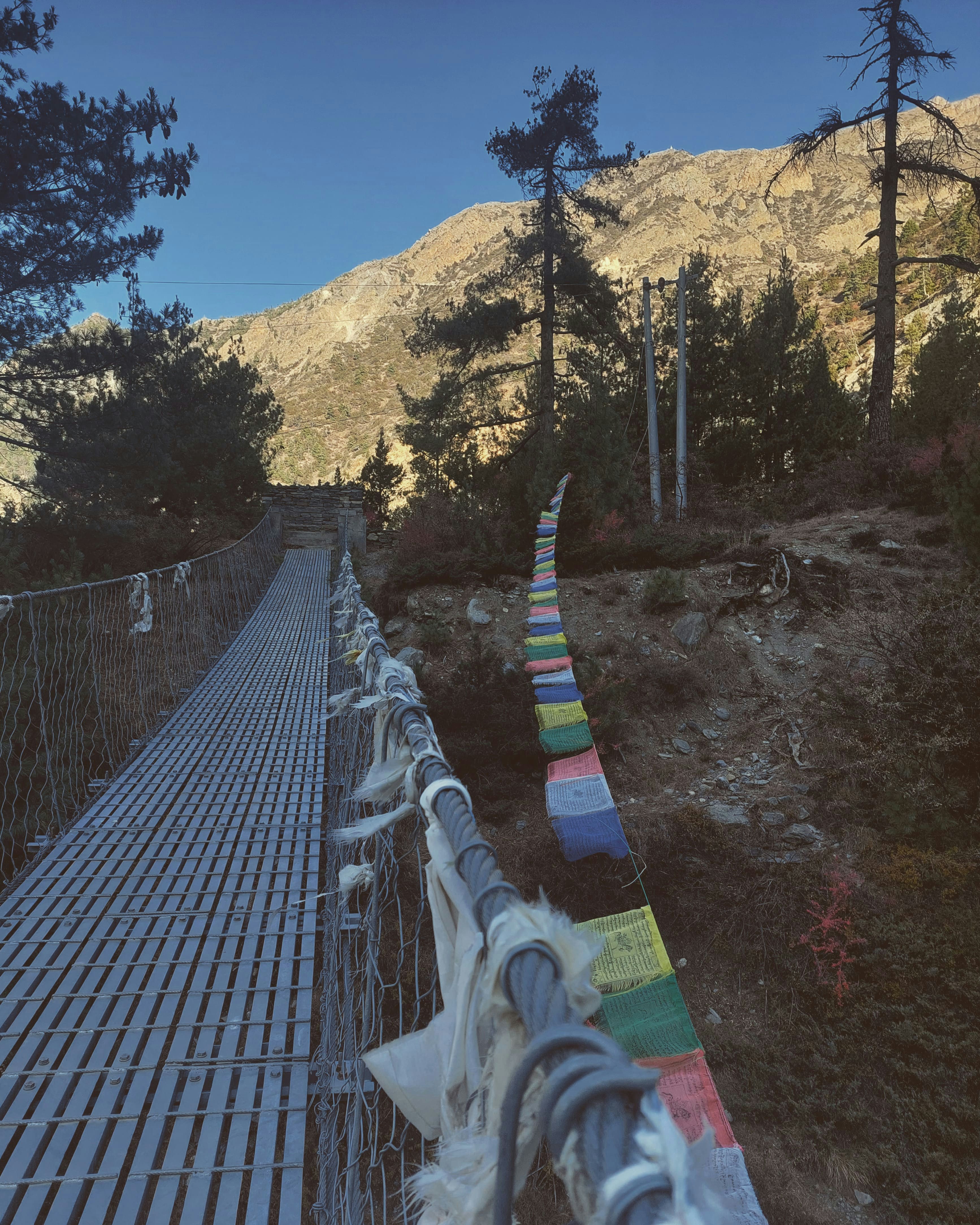 a row of colorful flags hanging from a metal fence