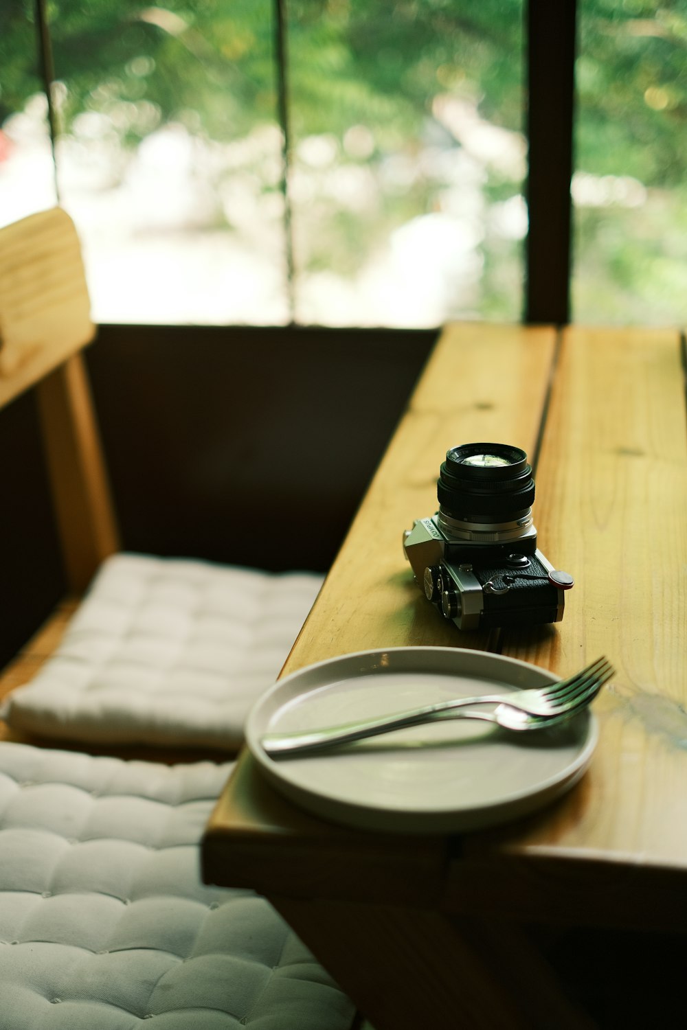 a table with a camera and a plate on it