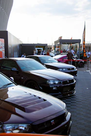 A wide-angle view of a crowded car show, cars lined up with immaculate paint jobs and enthusiastic fans.