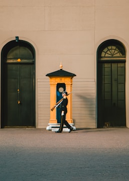 A uniformed guard is marching with a rifle over his shoulder. He is positioned in front of a brightly colored sentry box. The setting includes large doors and arched windows against a sandy-colored wall.