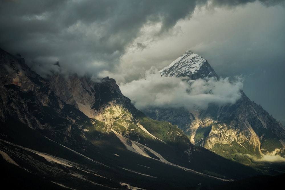 a snow covered mountain under a cloudy sky