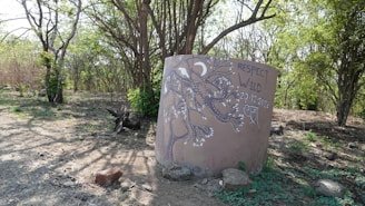A cylindrical structure in a forest, decorated with artwork depicting branches and leaves. The graffiti reads 'RESPECT WILD 20.12.2022' with other text in a different script. The surrounding area features sparse trees and dry earth, creating a natural and slightly rugged environment.