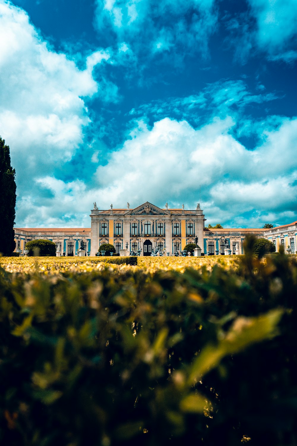 a large building sitting on top of a lush green field