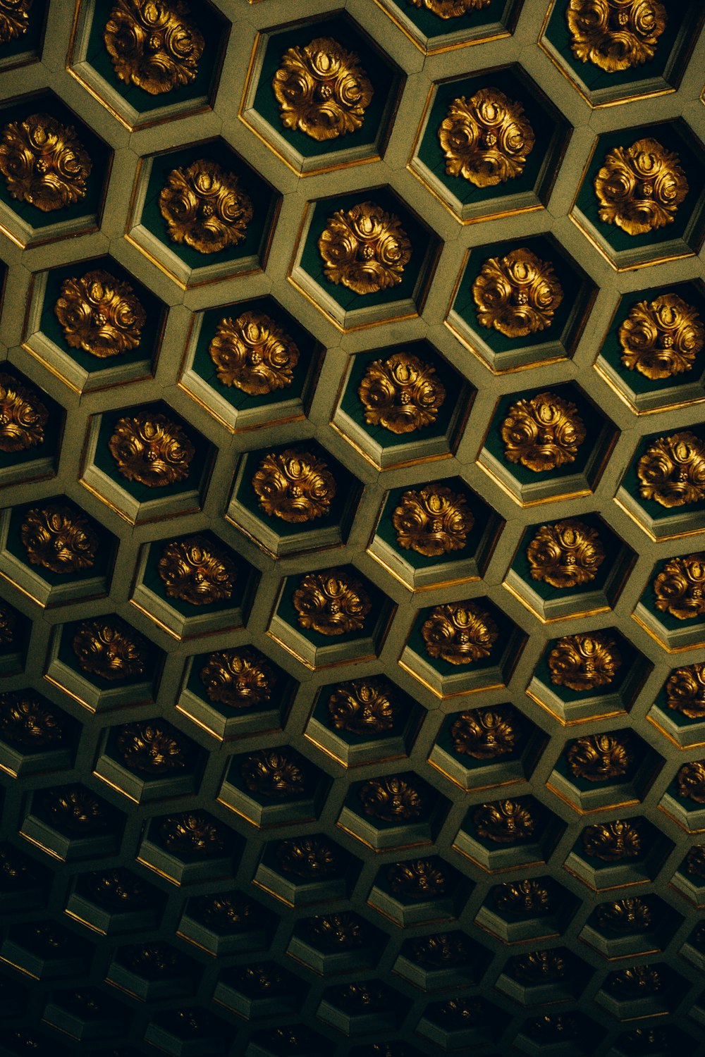 a close up of a ceiling with gold decorations