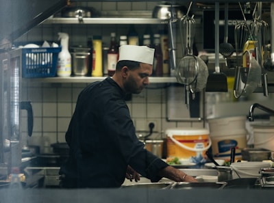 A chef preparing meals in a bustling kitchen.