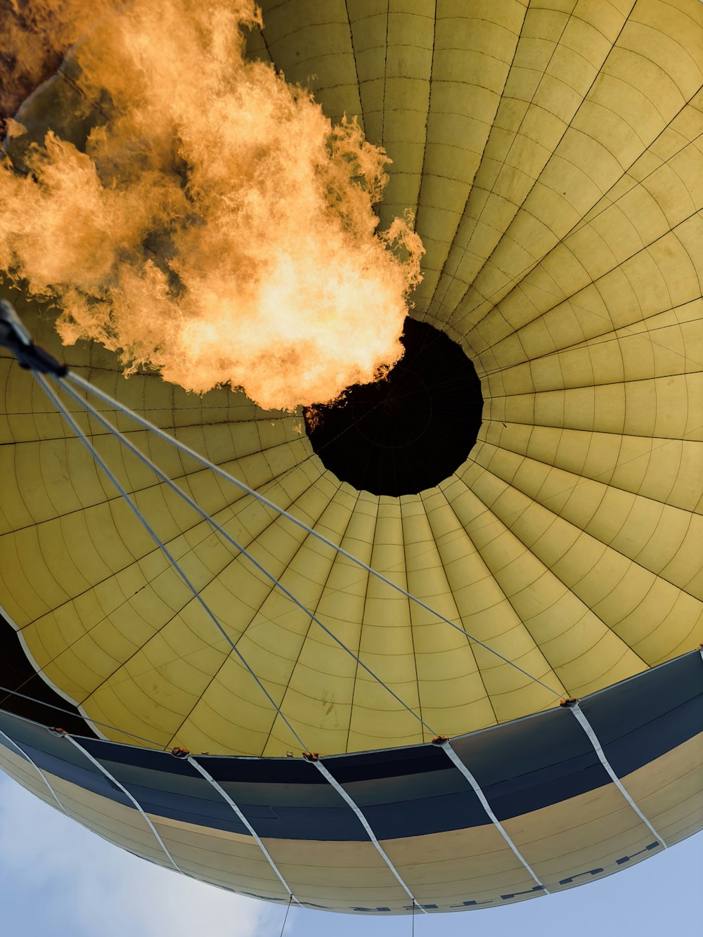 a yellow hot air balloon with a lot of smoke coming out of it