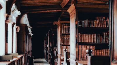 An ancient stone hall with towering bookshelves filled with leather-bound tomes, bathed in soft candlelight.
