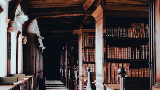 A solemn archive room bathed in soft bone white light, with rows of charcoal-bound volumes and a deep crimson seal on a wooden desk.