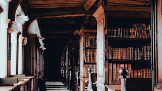 A dimly lit, long corridor lined with tall, wooden bookshelves filled with old, leather-bound books. The architecture features ornate wooden arches and columns, adding to the historic and scholarly ambiance.