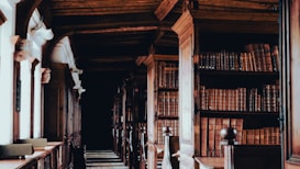 A dimly lit, long corridor lined with tall, wooden bookshelves filled with old, leather-bound books. The architecture features ornate wooden arches and columns, adding to the historic and scholarly ambiance.