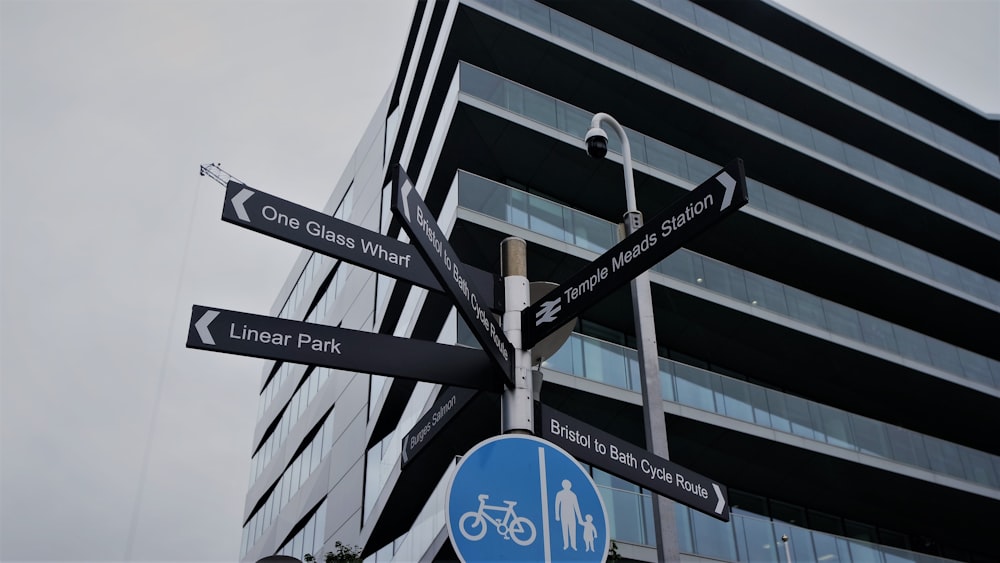 a street sign in front of a tall building