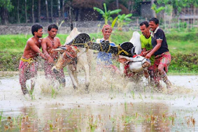 a group of men riding horses through a river