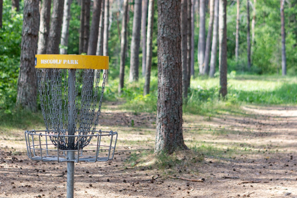 a frisbee golf cage in the middle of a forest