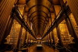 A grand, historic library hall with towering shelves filled with numerous books. The architecture features high, arching ceilings and dark wood paneling. Busts of historical figures line the central aisle, lending an air of scholarly gravitas. Warm, ambient lighting enhances the richness of the wood and creates a cozy yet awe-inspiring atmosphere.