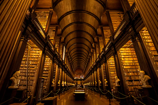 A majestic ancient library hall illuminated by golden light, with towering shelves of leather-bound books and elegant columns.