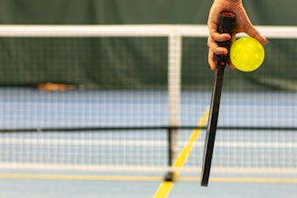 a person holding a tennis ball and a racket