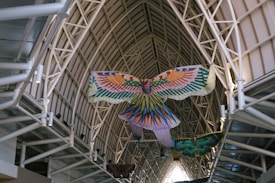 Colorful and intricately detailed kites of various designs are suspended from the ceiling of a large indoor space with a high, arching, metal framework. The kites resemble large and vibrant butterflies and birds, showcasing a mixture of bright colors and patterns.