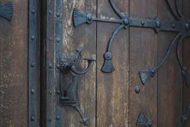 Black wrought iron door with ornate curves and a vintage lock detail