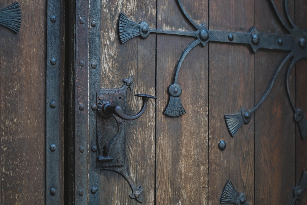 a close up of a metal door handle on a wooden door